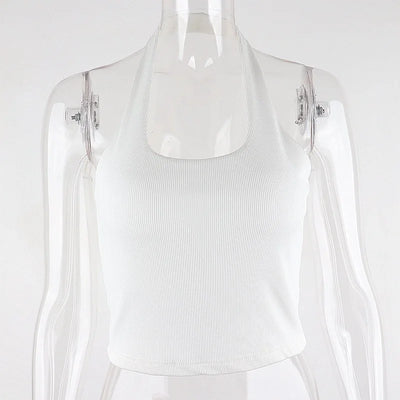 White Halter Sexy Backless Tank Tops for Women Streetwear 2024 Sleeveless Ribbed Knit Vest Top Cropped Feminino - Smarsty
