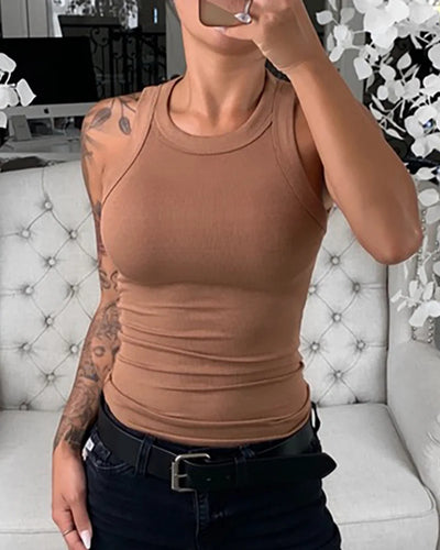 Women Solid Round Neck Ribbed Tank Top Camisole Women Summer Basic Elastic Tank Top O Neck Solid Tank Top - Smarsty