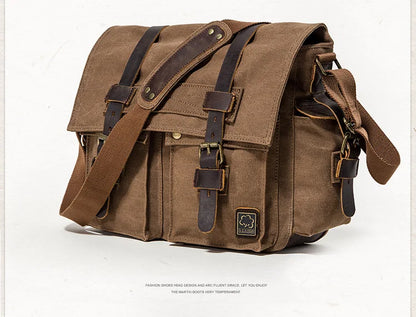 Vintage Leather Canvas Messenger Bag Unisex Crossbody - Smarsty