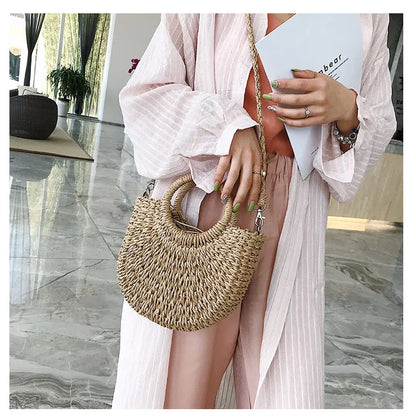 Summer Handmade Straw Bag for Women Beach Tote Moon Shaped - Smarsty