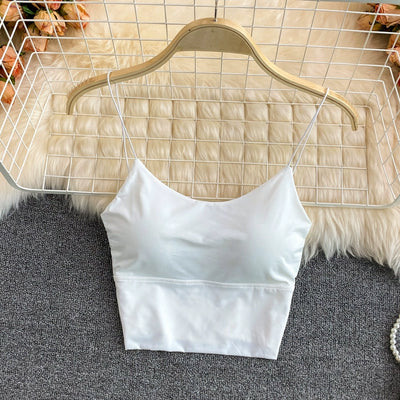 Women Crop Tops Sexy Solid Color Camisole Ice Silk Tube Top Seamless Sports Tank Top Wireless Underwear Padded Bra Bralette Vest - Smarsty
