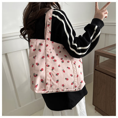 Corduroy Handbag Strawberries Beach Tote Large Capacity - Smarsty