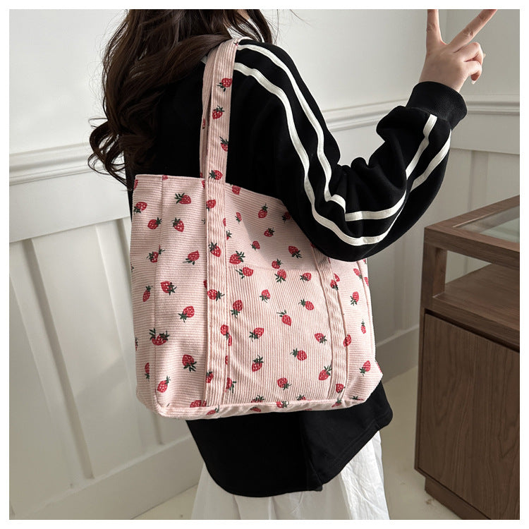 Corduroy Handbag Strawberries Beach Tote Large Capacity - Smarsty