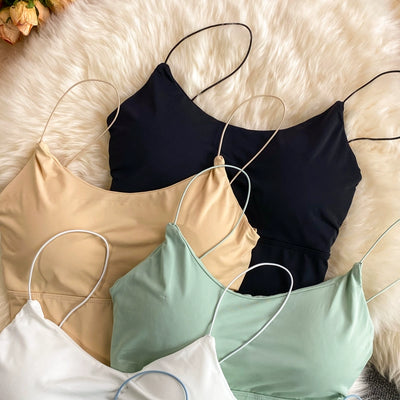 Women Crop Tops Sexy Solid Color Camisole Ice Silk Tube Top Seamless Sports Tank Top Wireless Underwear Padded Bra Bralette Vest - Smarsty