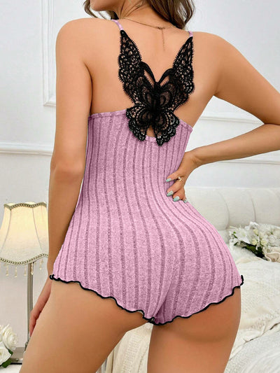 Women's Suspenders Lace Trim And Bow Design Pajamas Sleeveless V-Neck Pajamas Set Sleepwear Suit Sexy Solid Home Clothes Summer - Smarsty