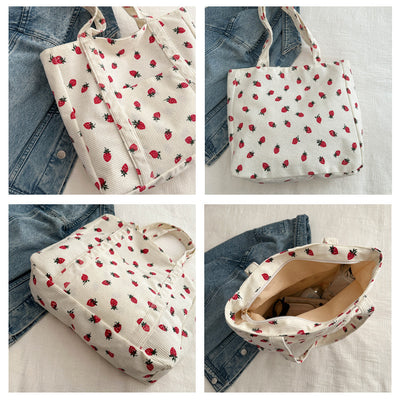 Corduroy Handbag Strawberries Beach Tote Large Capacity - Smarsty
