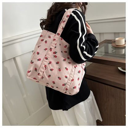 Corduroy Handbag Strawberries Beach Tote Large Capacity - Smarsty