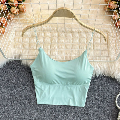 Women Crop Tops Sexy Solid Color Camisole Ice Silk Tube Top Seamless Sports Tank Top Wireless Underwear Padded Bra Bralette Vest - Smarsty