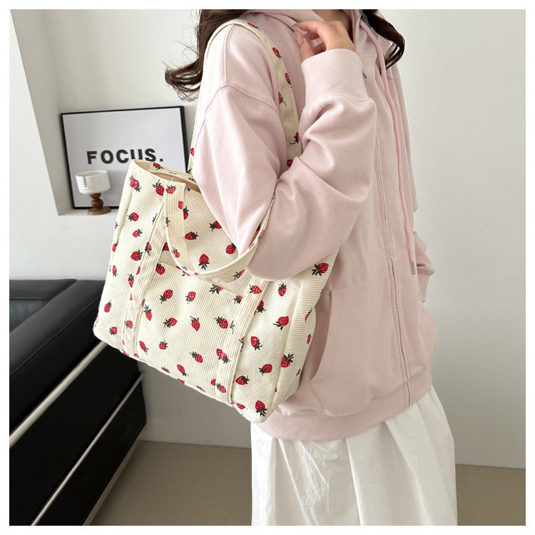 Corduroy Handbag Strawberries Beach Tote Large Capacity - Smarsty