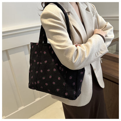 Corduroy Handbag Strawberries Beach Tote Large Capacity - Smarsty