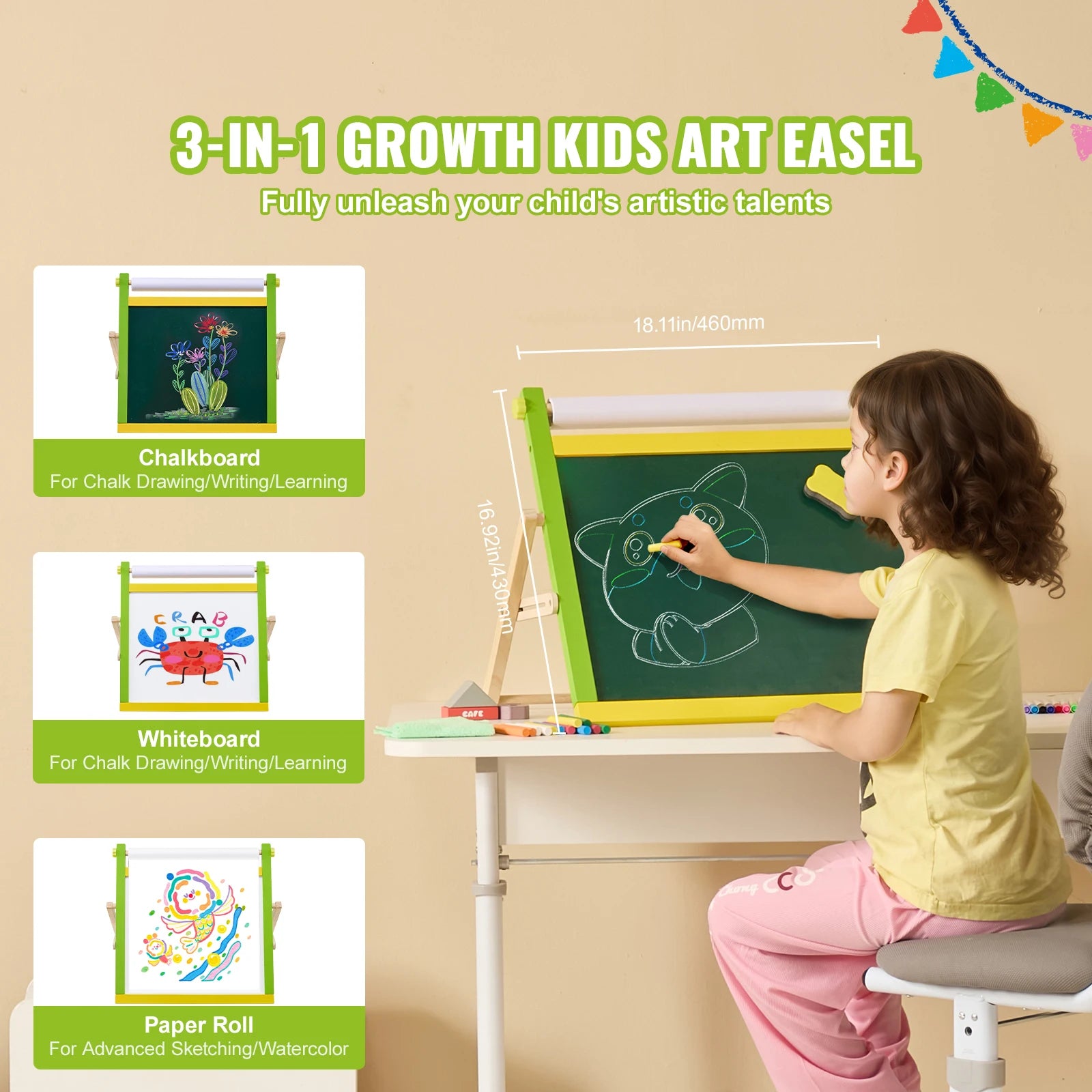 SucceBuy Tabletop Children Magnetic Drawing Board 3-in-1 Double-Sided Kids Art Easel with Painting Accessories for Girls Toy