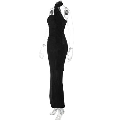 Hugcitar Halter Solid Sleeveless Backless Ruched Sexy Bodycon Maxi Prom Dress Summer Women Elegant Outfit Evening Party Birthday - Smarsty