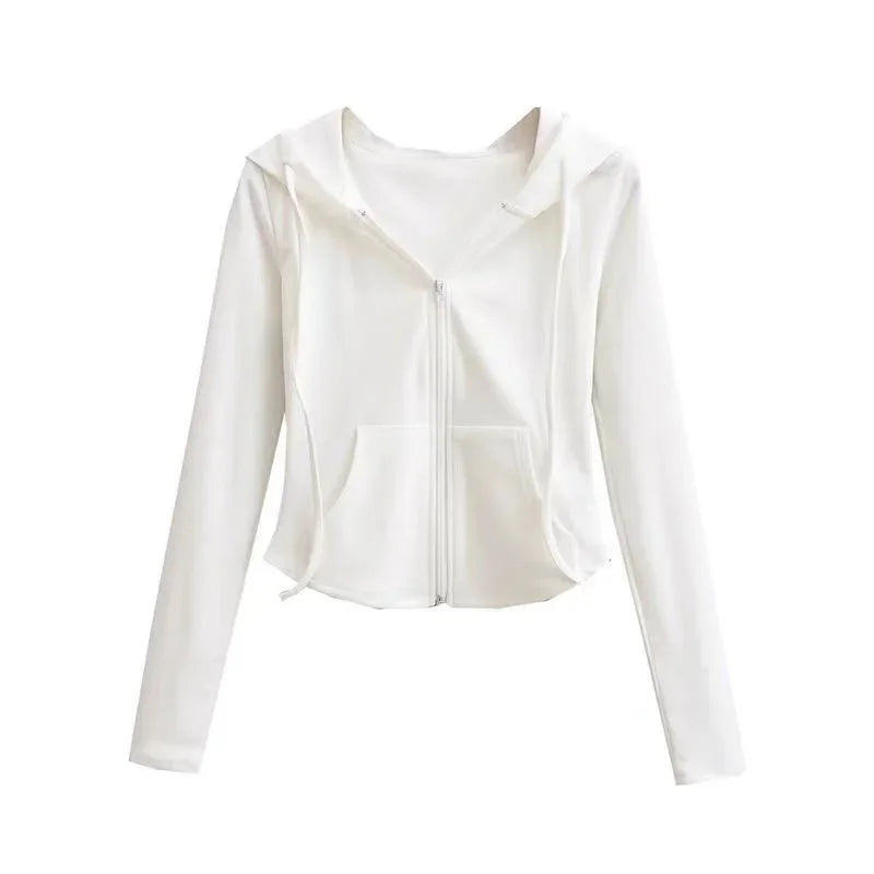 Lucyever Cropped Hooded Zip-Up Jacket Women Autumn New Slim Long Sleeve Y2K Sweatshirts Female Solid Streetwear Sports Hoodies