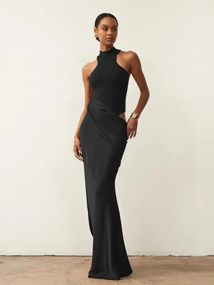 JULISSA MO Satin Sexy Hollow Out Women Maxi Dress Black Sleeveless High Waist Dress Female Autumn Skinny Elegant Party Clubwear - Smarsty