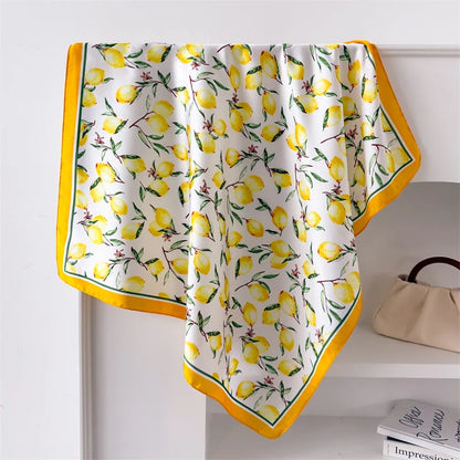 Summer Satin Neck Scarf for Women with Bright Lemon Print - Smarsty