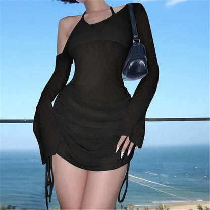 ALLNeon Fairycore White Perspective Oblique Shoulder Long Sleeve Mini Dress Hotsweet Shirring Hipster Dresses Sexy Clubwear Y2K - Smarsty