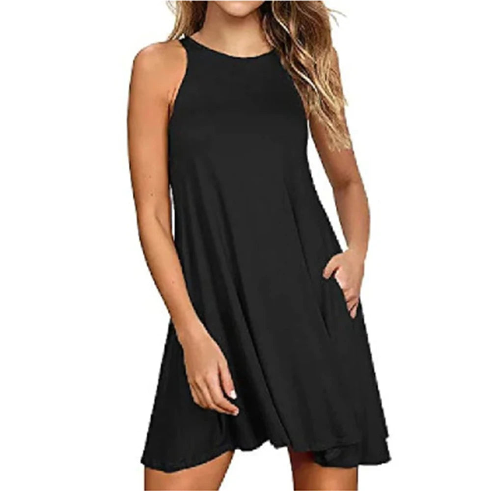 Women's Dress Summer Casual T Shirt Dresses Beach Cover up Plain Pleated Tank Pockets Dress - Smarsty