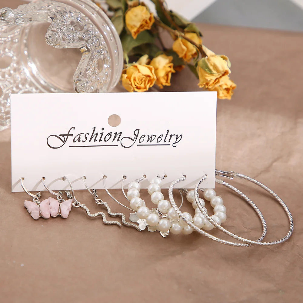Silver Pearl Hoop Earrings Set For Women Ladies Y2K Style - Smarsty