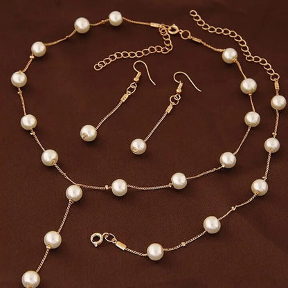 Gold Tone Necklace Earrings Bracelet Set With Tassel Pearls - Smarsty