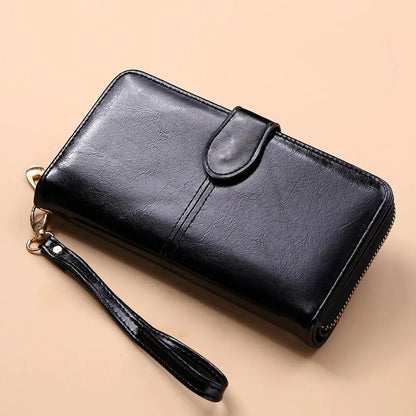 Women's Vintage Oil Wax PU Leather Clutch Wallet Female Large Capacity Phone Purse Ladies Wristband Simple Card Holder Pouch Bag - Smarsty
