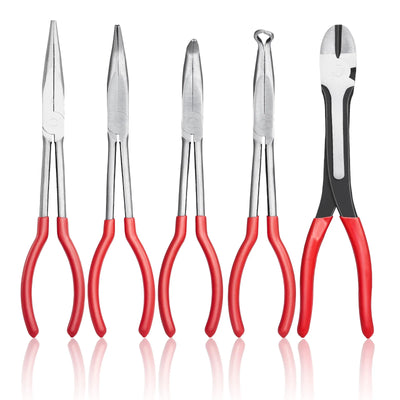 SucceBuy 5-Piece Needle Nose Pliers 11 in Long Needle Nose Pliers Set Diagonal Cutting Pliers 45°/90° Bent Round Nose Plier