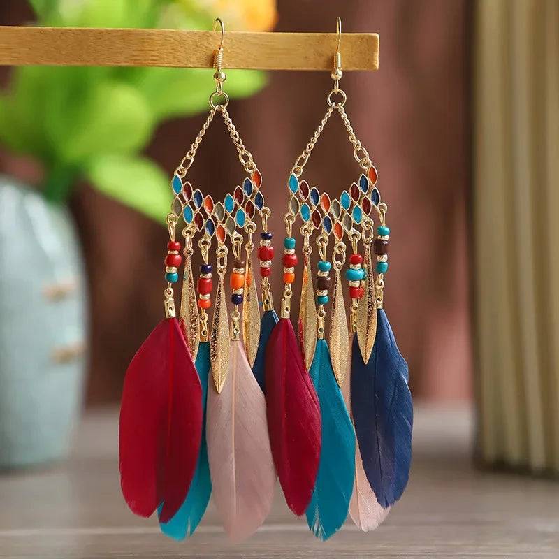 Bohemian Feather Dangle Earrings with Colorful Tassels - Smarsty