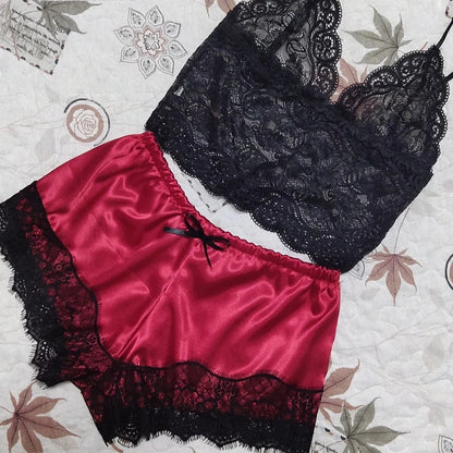 Pajama Sets Sexy Pajamas for Women 2 Pieces Top Shorts Set Sleepwear Clothes Lace Pajamas Underwear Lingerie - Smarsty