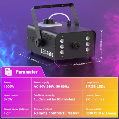 U'King 1500W Smoke Machine RGB 6 LED Fog Machine with Remote Control for DJ Disco Party Christmas Stage Effect Fogger Machine