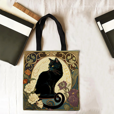 Retro Black Cat Tote Bag Linen Fabric Lightweight Shopping - Smarsty
