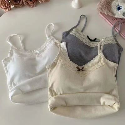 New Knitted Crop Top For Women Solid Color Lace Sling Tops Knitwear Tank Top Female Sexy Slim Camisole Sweet Short Beau Back Top - Smarsty