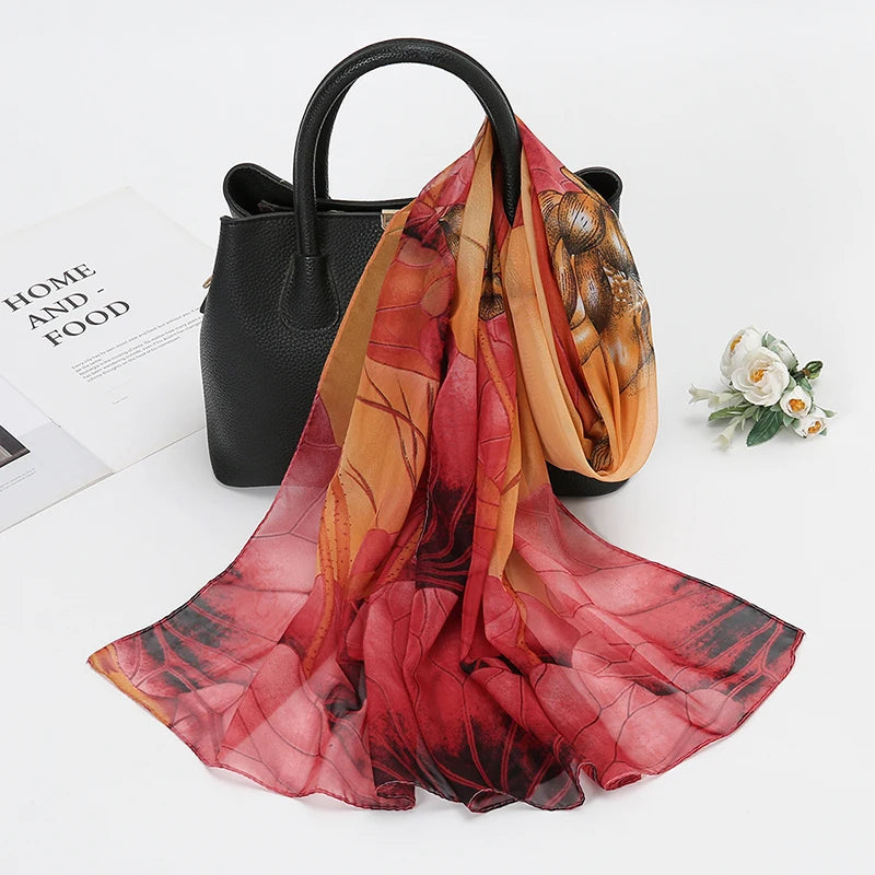 Lightweight Silk Lotus Print Scarf for Women Sun Protection - Smarsty