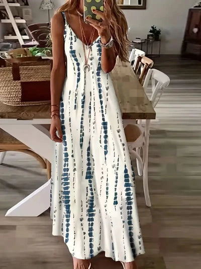 Women's Casual Loose V-neck Tie Dye Printed Spaghetti Maxi Dress Summer Beach Vacation Long Dress - Smarsty