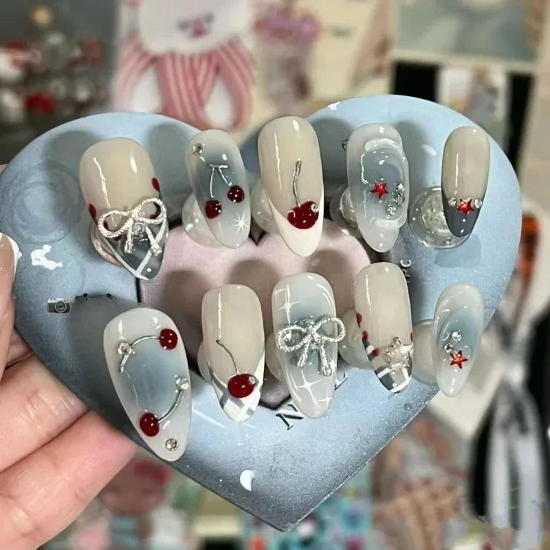 10Pcs Handmade French Almond Press On Nails with Cherries Design - Smarsty