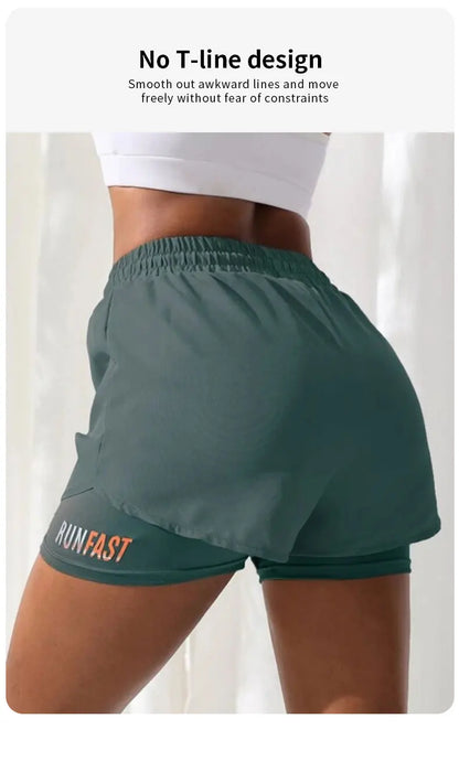 Women's High Rise Yoga Shorts With Elastic Proximity Control Running Shorts, Fake Two Pieces Pants - Smarsty