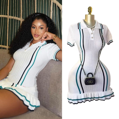 YuooMuoo Chic Fashion Sexy Package Hips Knitted Mini Dress 2025 Summer Vintage Turn-down Collar Ruffled Party Dress Streetrwear - Smarsty