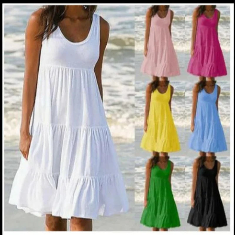 Bohemian Women's Casual O Neck Sleeveless Ruffle Mini Dress Solid Color Beach Tank Top Oversized Loose Dress Plus Size Women3029 - Smarsty