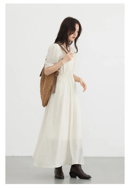 CHIC VEN Women Dresses French Style Vintage V-neck Puff Sleeve Long Dress Solid Black Loose Female Clothing Summer New 2023 - Smarsty