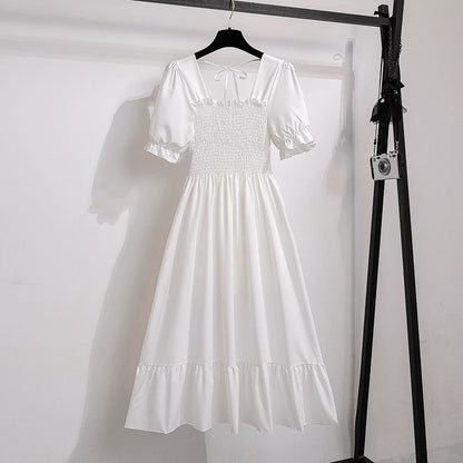 Summer Pleated Women Chiffon Dresses Casual Beach Holiday Short Sleeve Square Collar Woman Midi Dress Bohemian Mujer Vestidos - Smarsty