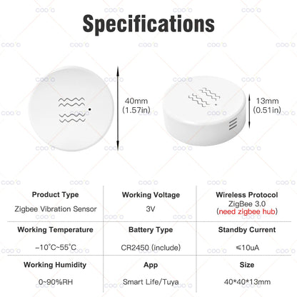 Tuya Zigbee Smart Vibration Sensor Detection Smart Life App Notification Real-Time Motion Shock Alarm Record