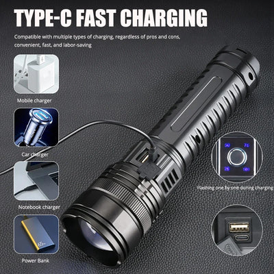 Ultra Bright LED Flashlight Powerful Tactical Torch 15000mah Built-in Battery Emergency Camping Spotlights With Tail Light by Smarsty