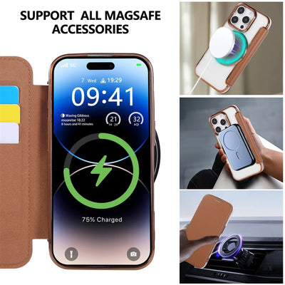 Flip Leather Wallet Rotating Fold Stand Magnetic Phone Case For iPhone 15 16 17 Pro Max 16E 14 13 12 For Magsafe Clear Cover