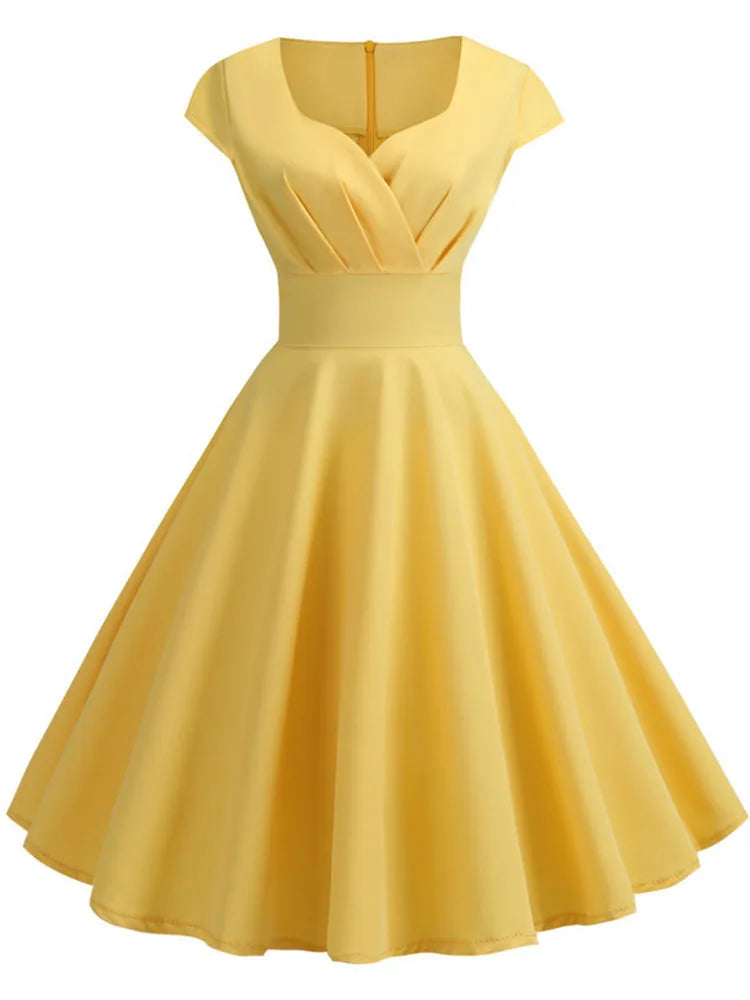 Pink Summer Dress Women V Neck Vintage Robe Elegant Retro pin up Party Office Midi Dresses - Smarsty