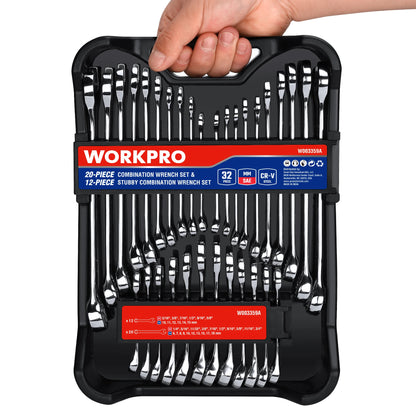 WORKPRO 32-Piece SAE & Metric Combination Wrenches Set, 20-Piece Standard wrenches and 12-Piece Stubby Wrenches with Organizer