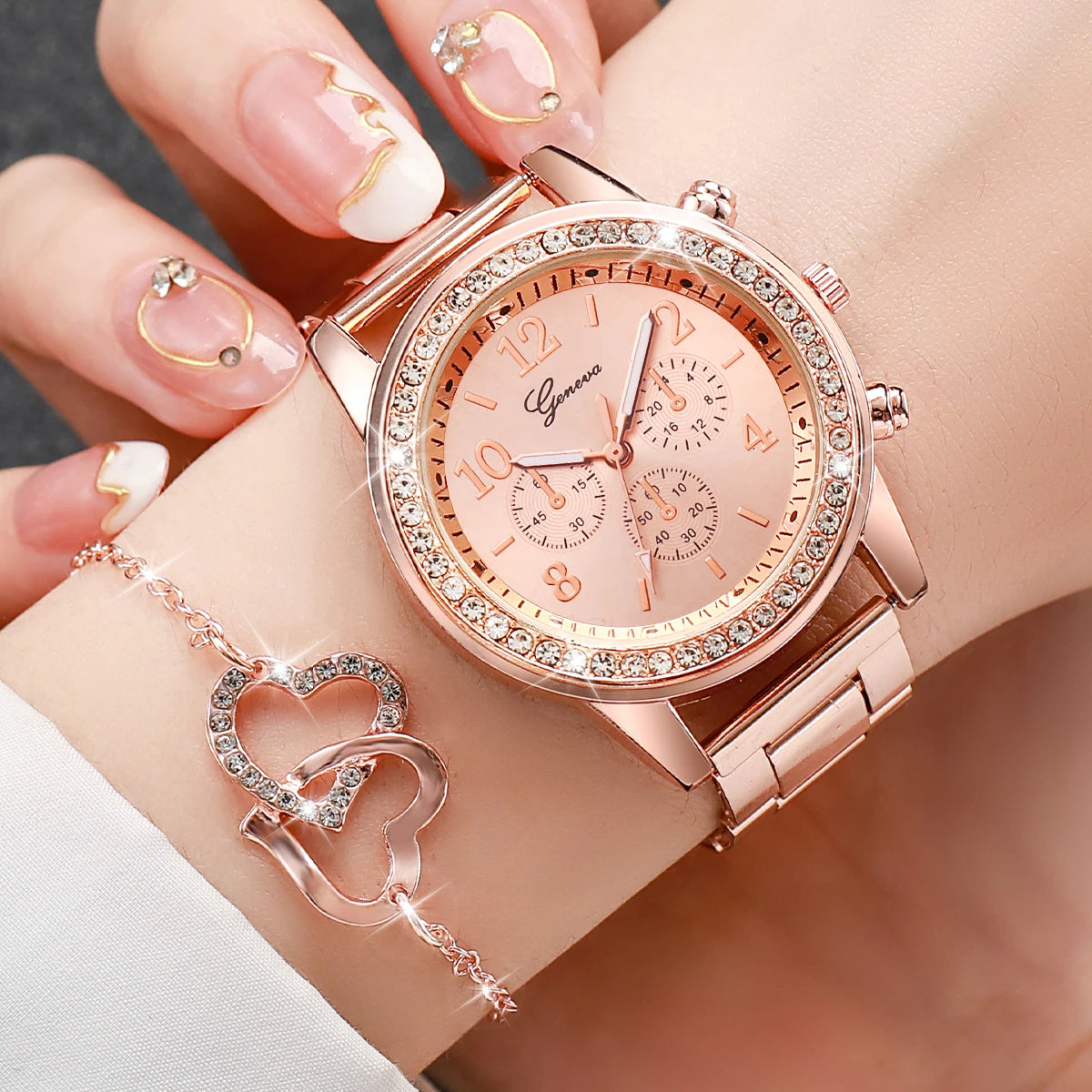6PCS Women's Rhinestone Quartz Watch Jewelry Set - Smarsty
