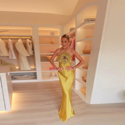 Elegant Party Women's Dress 3D Flower Halter Sleeveless Backless Mermaid Satin Female Dresses 2025 Summer Chic Evening Lady Robe - Smarsty