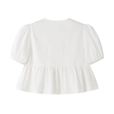 MUJER Ruffle Blouses Woman Puff Sleeve Shirts and Blouses for Women White Black Ruched Crop Top Female Ruched Women's Blouse - Smarsty