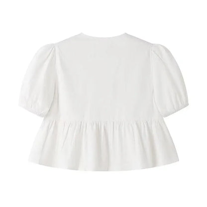 MUJER Ruffle Blouses Woman Puff Sleeve Shirts and Blouses for Women White Black Ruched Crop Top Female Ruched Women's Blouse - Smarsty