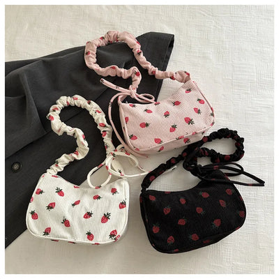 Corduroy Underarm Bag For Women Strawberry Print Mini Tote - Smarsty