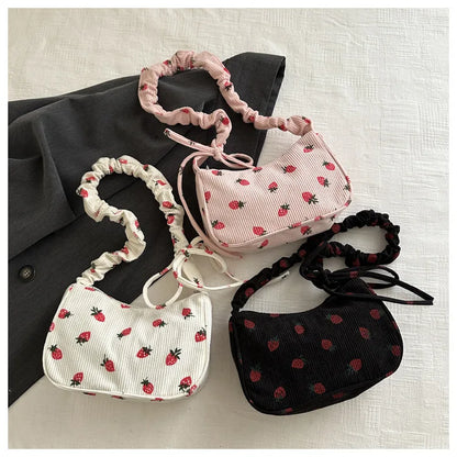 Corduroy Underarm Bag For Women Strawberry Print Mini Tote - Smarsty