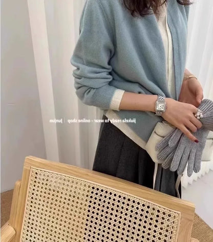 Fake two 100% pure cashmere sweater cardigan dark grey high-grade wool knit coat top - Smarsty